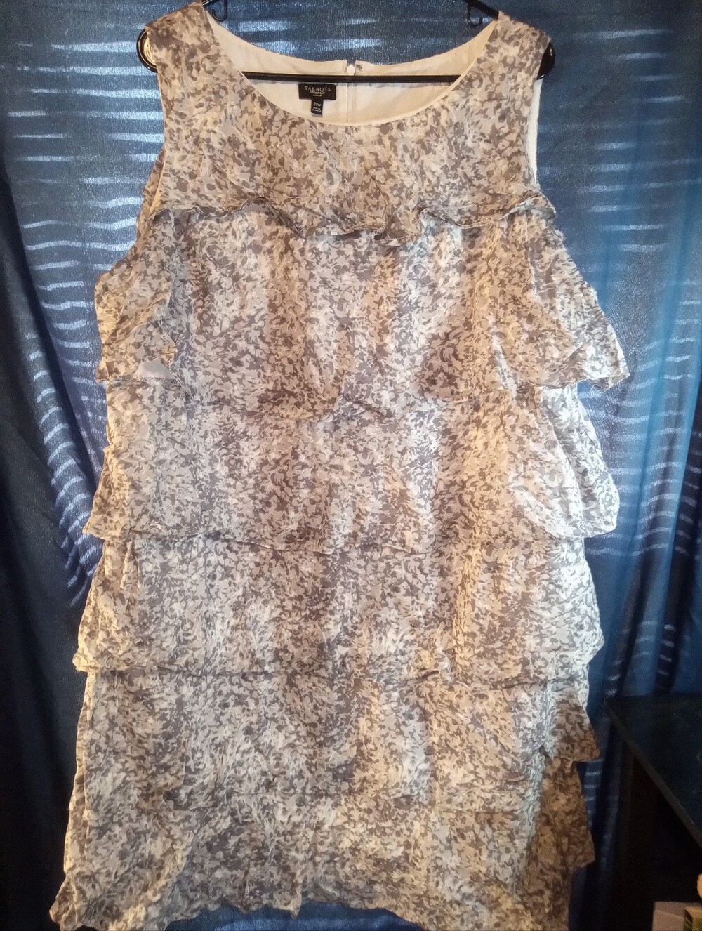 Talbots Cream and Gray Ruffle Layered Plus Sleeveless Dress
